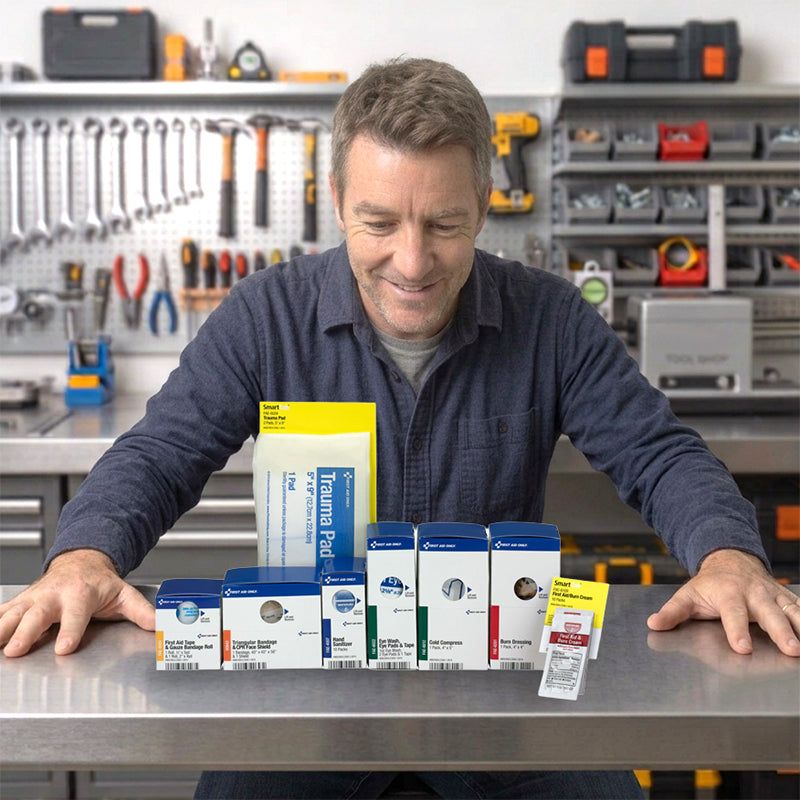 Worker organizing SmartCompliance first aid kit refill supplies on a workbench for workplace first aid cabinet restocking