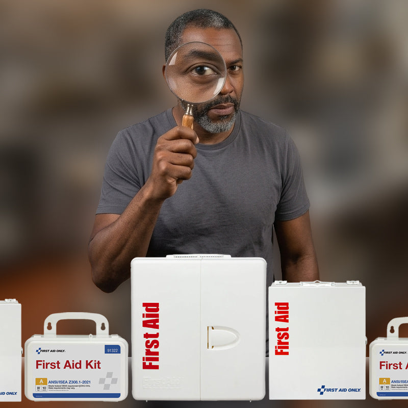 Selection of workplace first aid kits and cabinets for offices, construction, manufacturing, and other businesses.