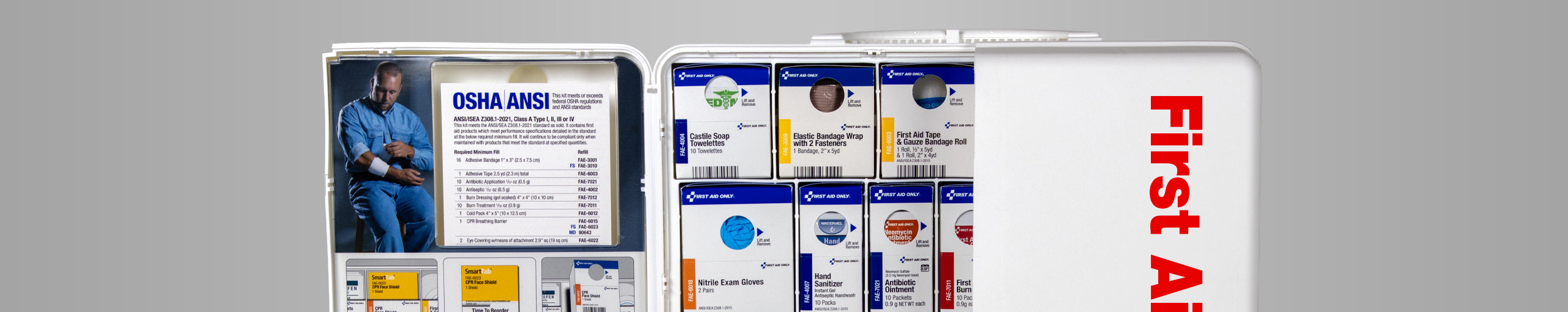Workplace first aid cabinet with OSHA and ANSI compliant first aid supplies.